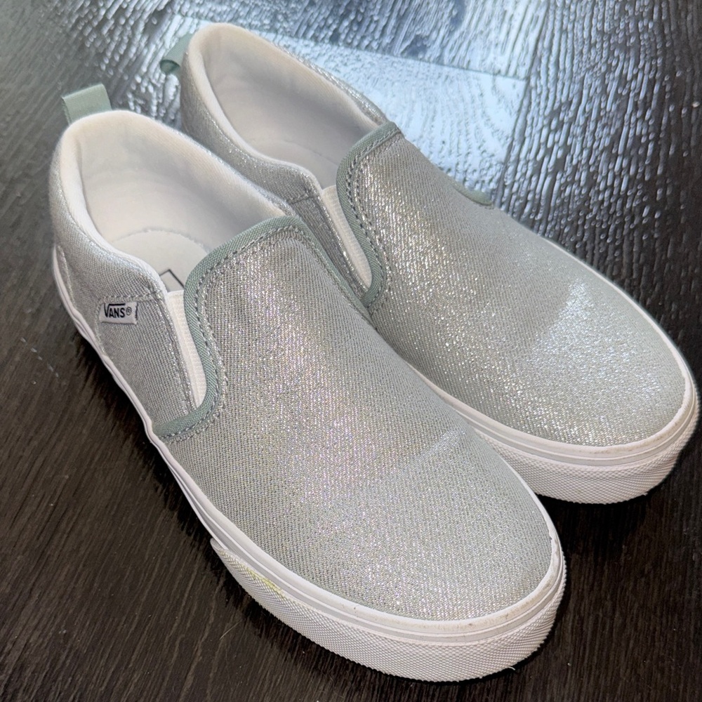 Vans Kids Shimmering Silver Slip-On Sneakers